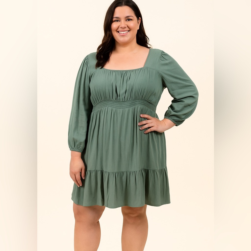 HESPERUS 3X Deep Sage Green Smocked Waist Long Sleeve Mini Peasant Boho Dress